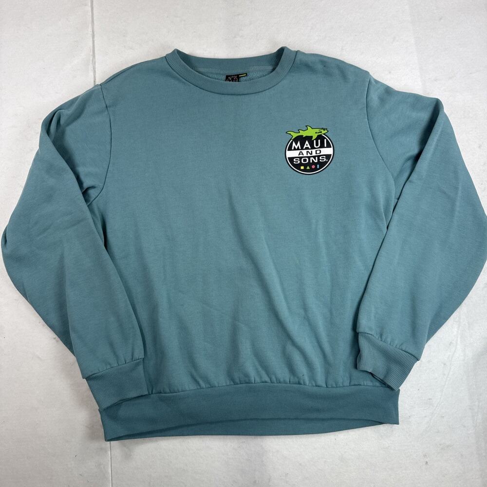 Maui and Sons Sweatshirt Blue Shark Logo Crewneck Pullover Size L Surf Skate